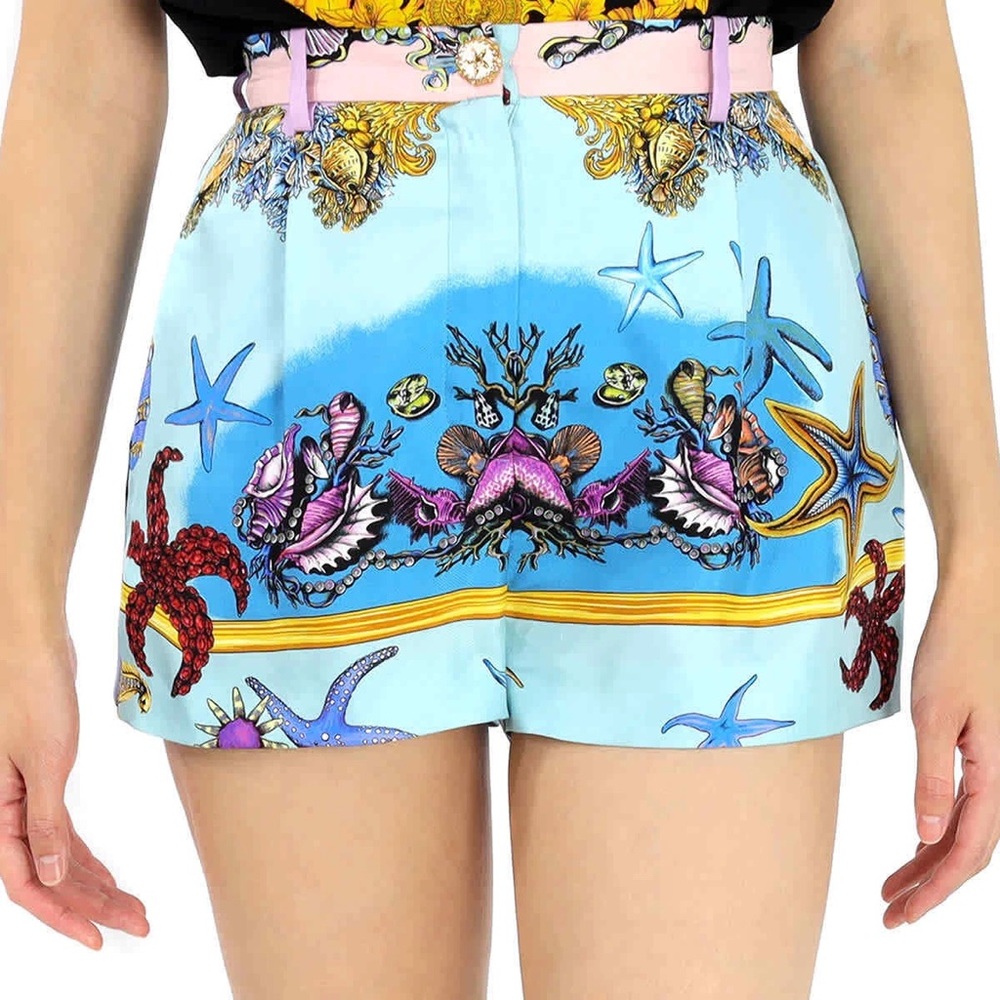 Versace Size 36 High Waist Sea-Themed Shorts - Blue and Pink